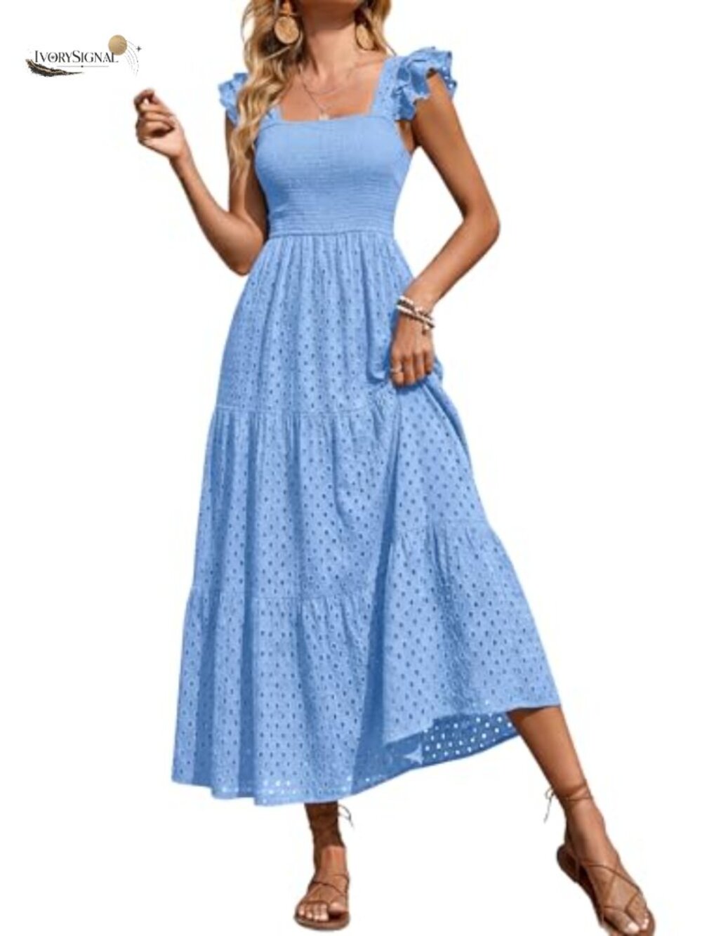 PRETTYGARDEN Womens Maxi Dress 100% Cotton Square Neck Smocked A Line